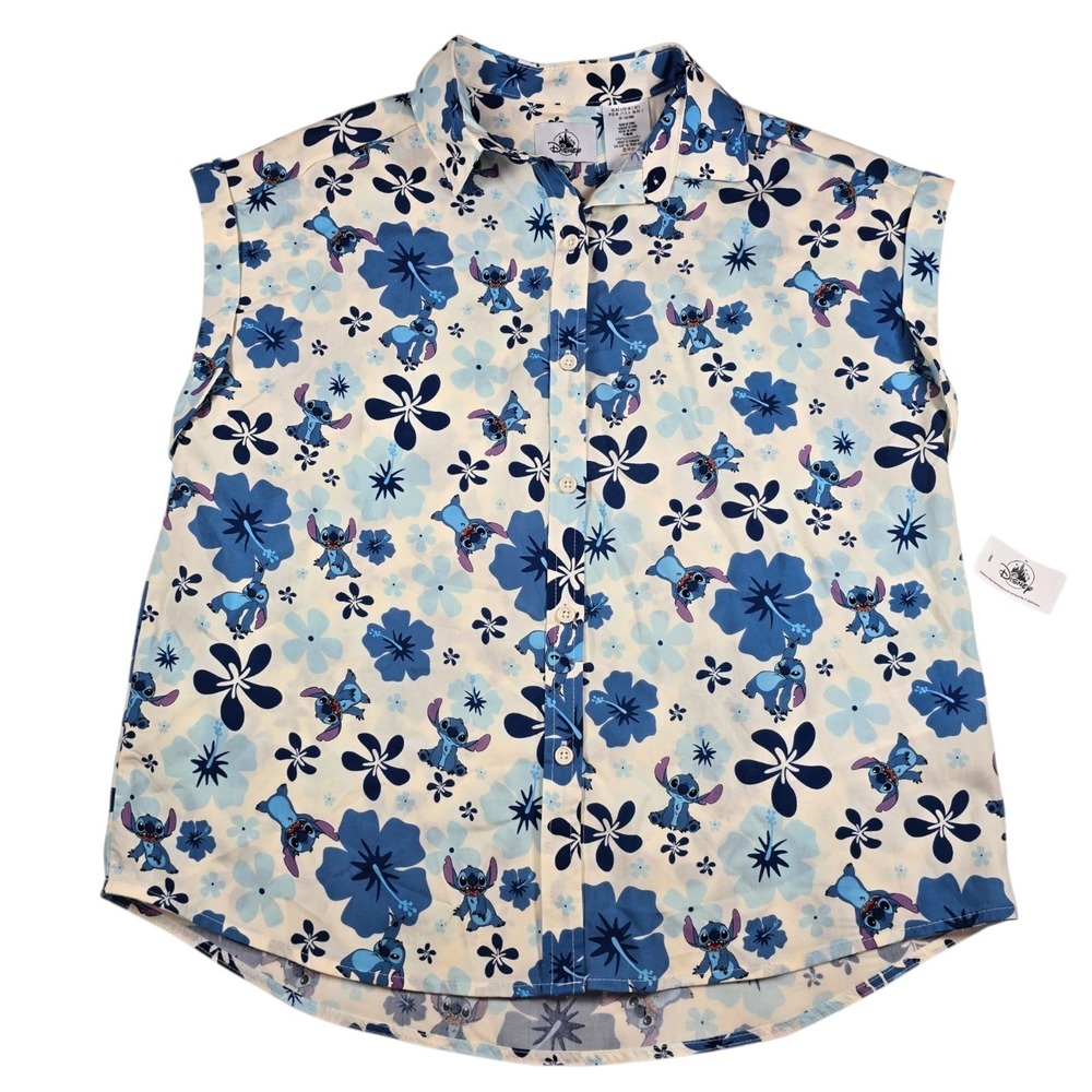 Disney Parks Lilo & Stitch Aloha Blue Hibiscus Floral Button Down Shirt Womens S